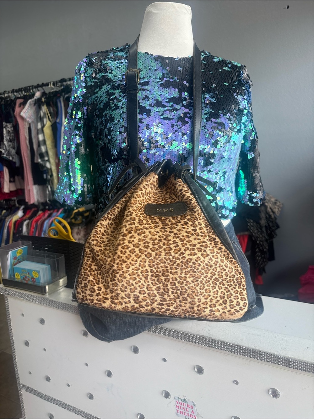 Leopard Print Drawstring Crossbody Bag with Black Trim